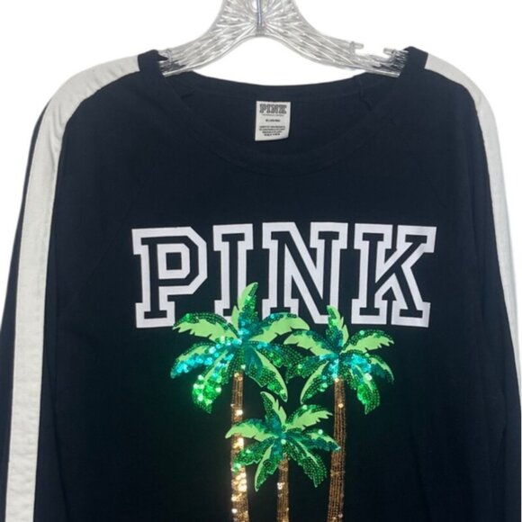 Victorias Secret Pink Long Sleeve Shirt Sequin Palm Trees Medium Black - Picture 3 of 8